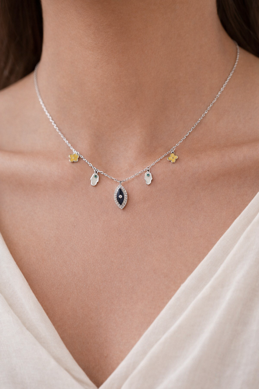 Silver Evil Eye and Hand of Hamsa Charms Necklace