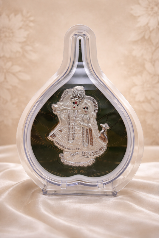 Pure Silver Radha Krishna Green Leaf Photo Frame | 999 Silver Hallmarked | (Large)