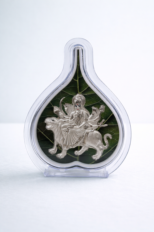 Pure Silver Durga Ma Green Leaf Photo Frame | 999 Silver Hallmarked | (Medium)