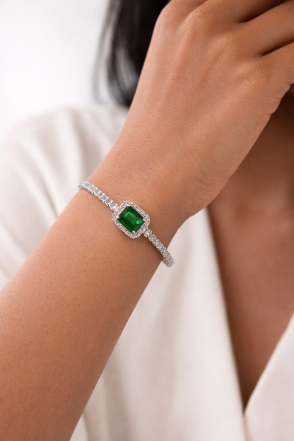Silver Tennis Bracelet with Green Stone