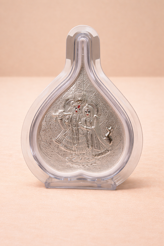 Pure Silver Radha Krishna Leaf Photo Frame | 999 Silver Hallmarked | (Small)