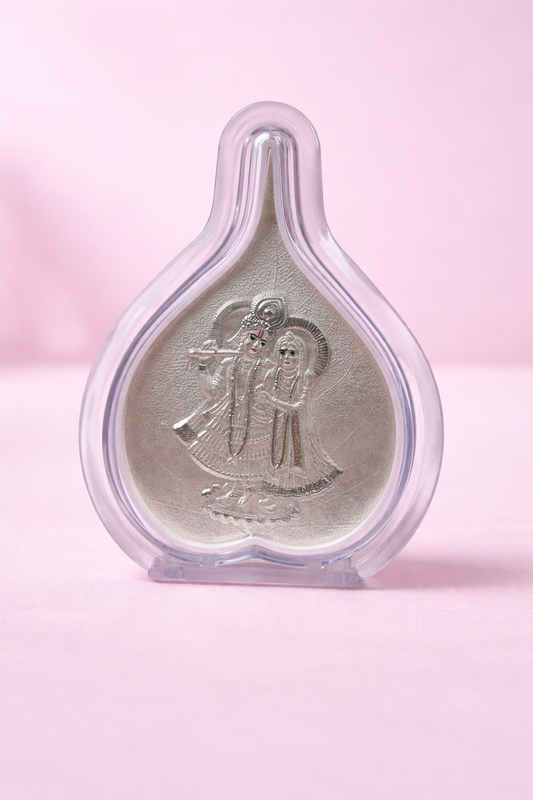 Pure Silver Radha Krishna Leaf Photo Frame | 999 Silver Hallmarked | (Medium)