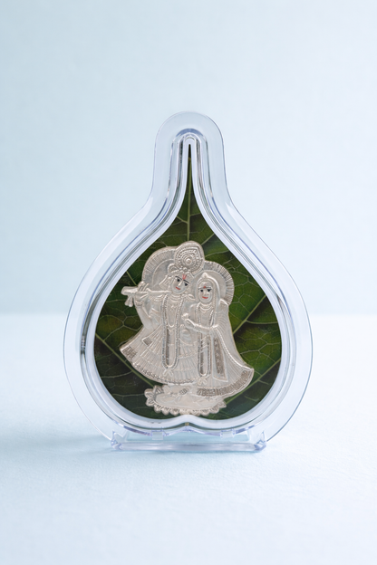 Pure Silver Radha Krishna Green Leaf Photo Frame | 999 Silver Hallmarked | (Medium)