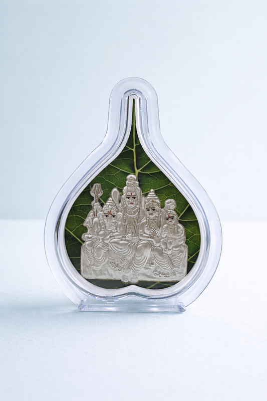 Pure Silver Shiv Parivar Green Leaf Photo Frame | 999 Silver Hallmarked | (Medium)