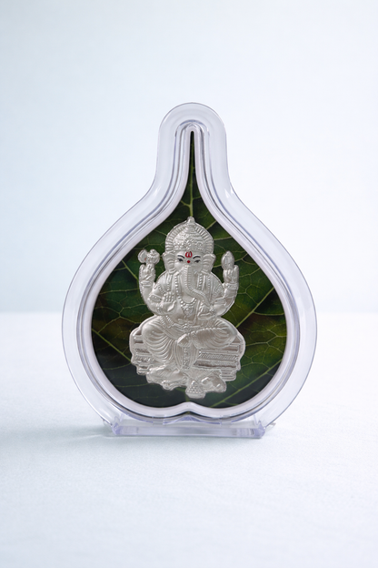 Pure Silver Ganesh Ji Green Leaf Photo Frame | 999 Silver Hallmarked | (Medium)