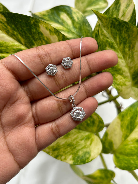 Silver Pentagon Halo Solitaire Pendant Set