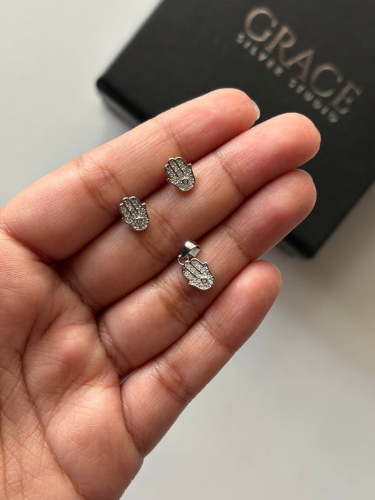 Silver Hand of Hamsa Pendant Set
