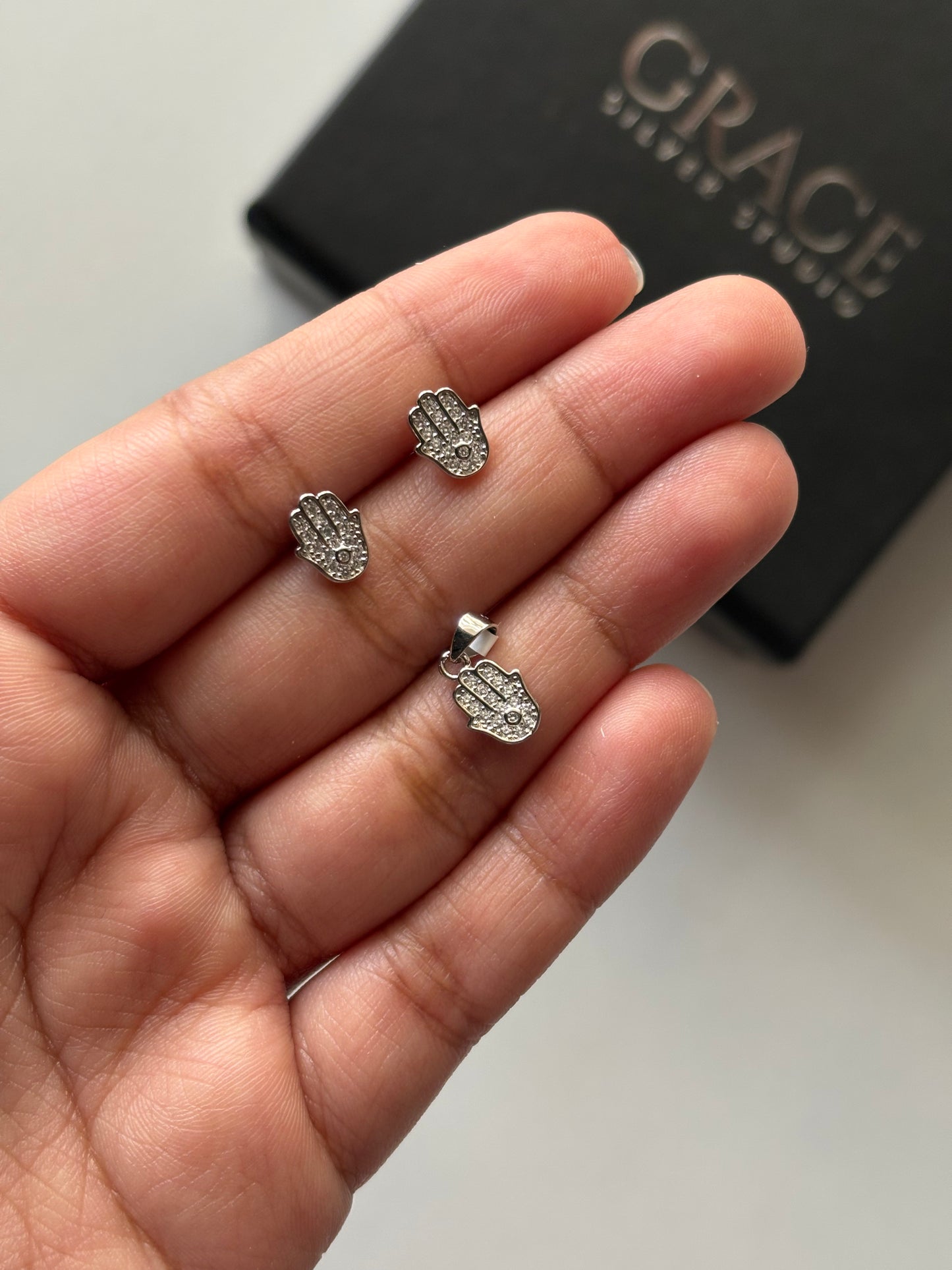 Silver Hand of Hamsa Pendant Set