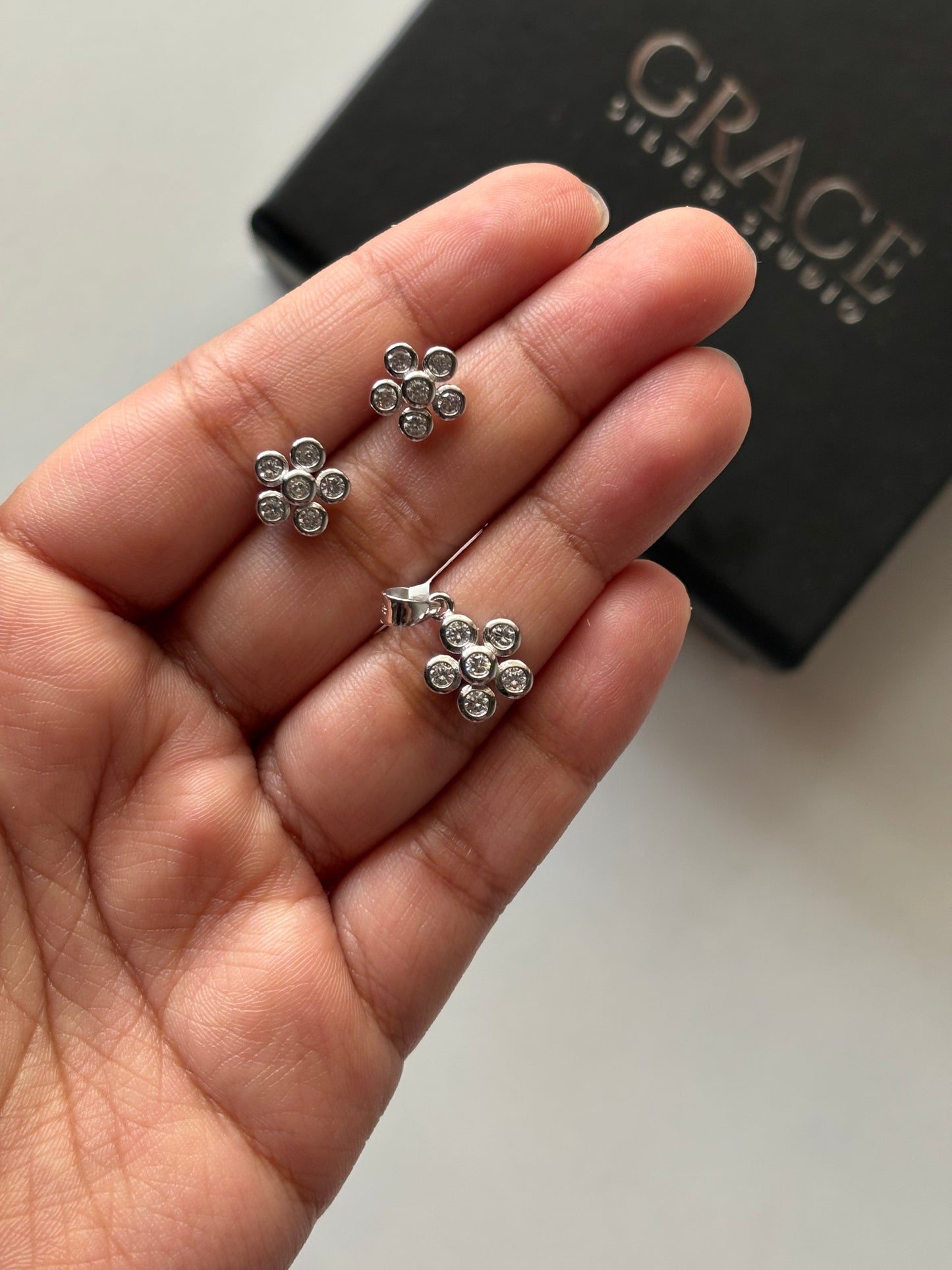 Silver CZ Flower Pendant Set