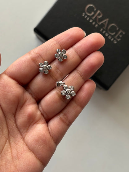 Silver CZ Flower Pendant Set