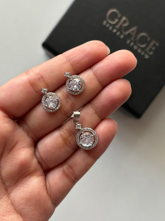 Silver Halo Solitaire Pendant Set