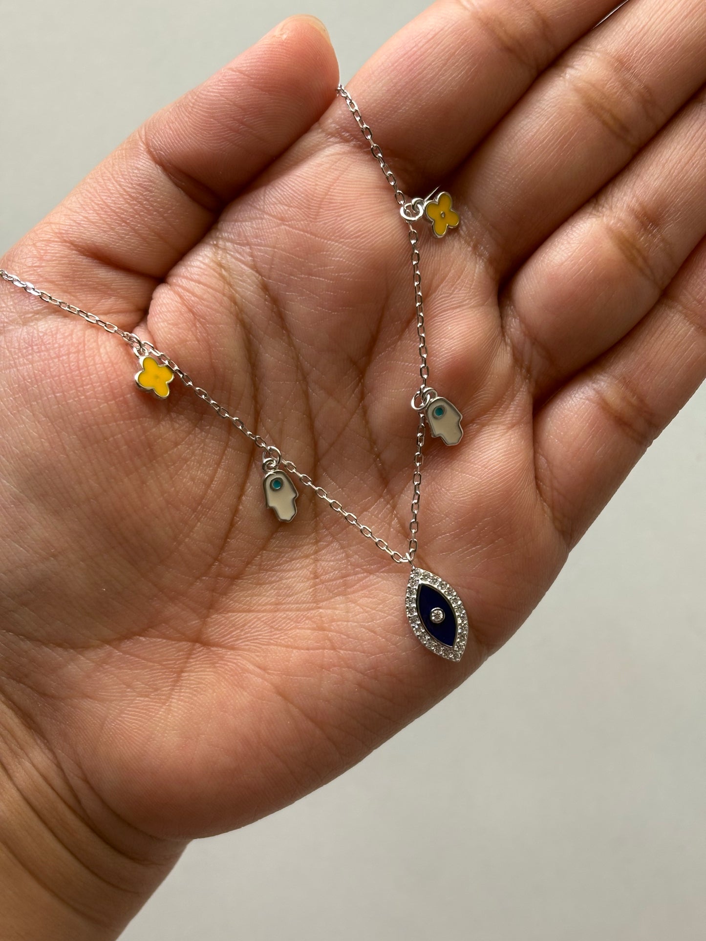 Silver Evil Eye and Hand of Hamsa Charms Necklace