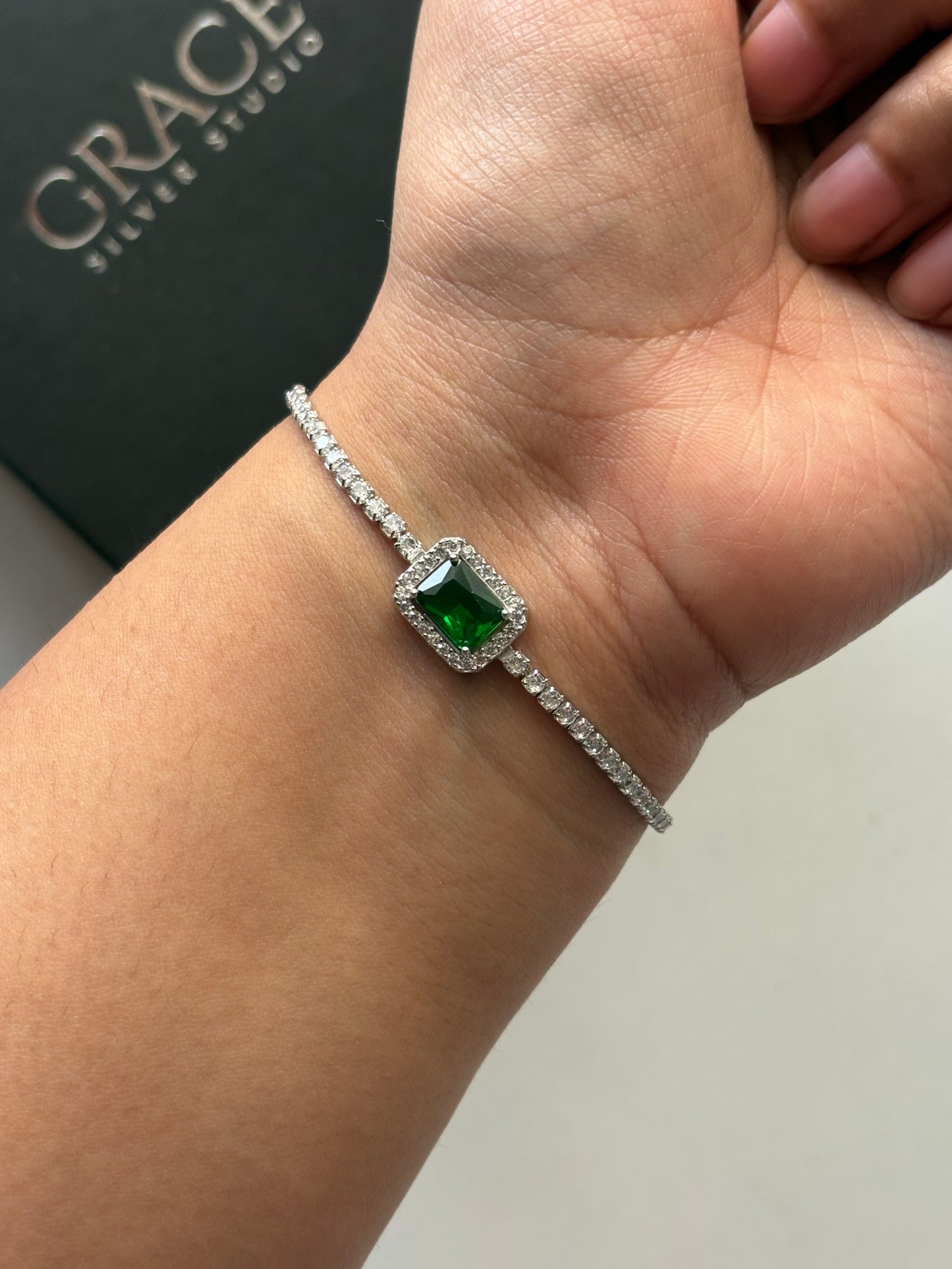 Silver Tennis Bracelet with Green Stone