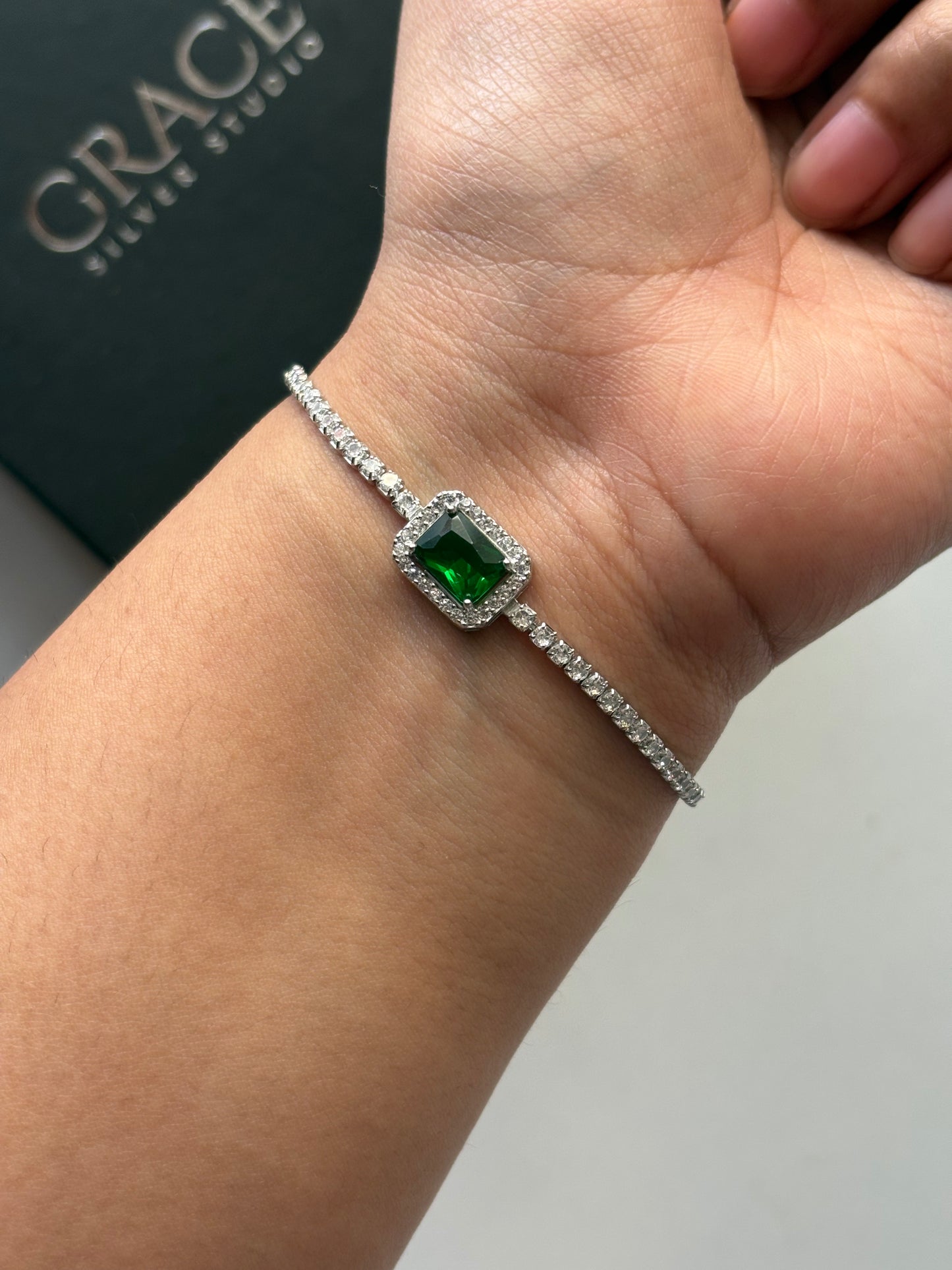Silver Tennis Bracelet with Green Stone