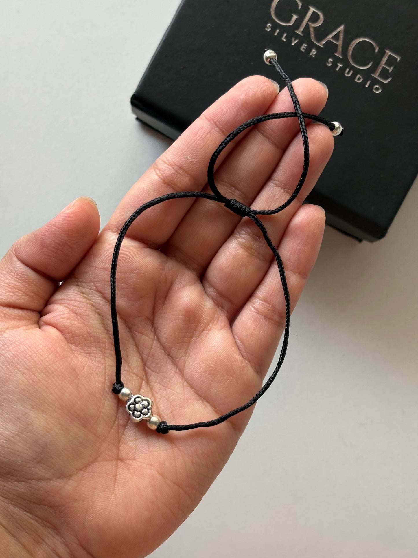 Silver Flower Black Thread Nazariya Anklet