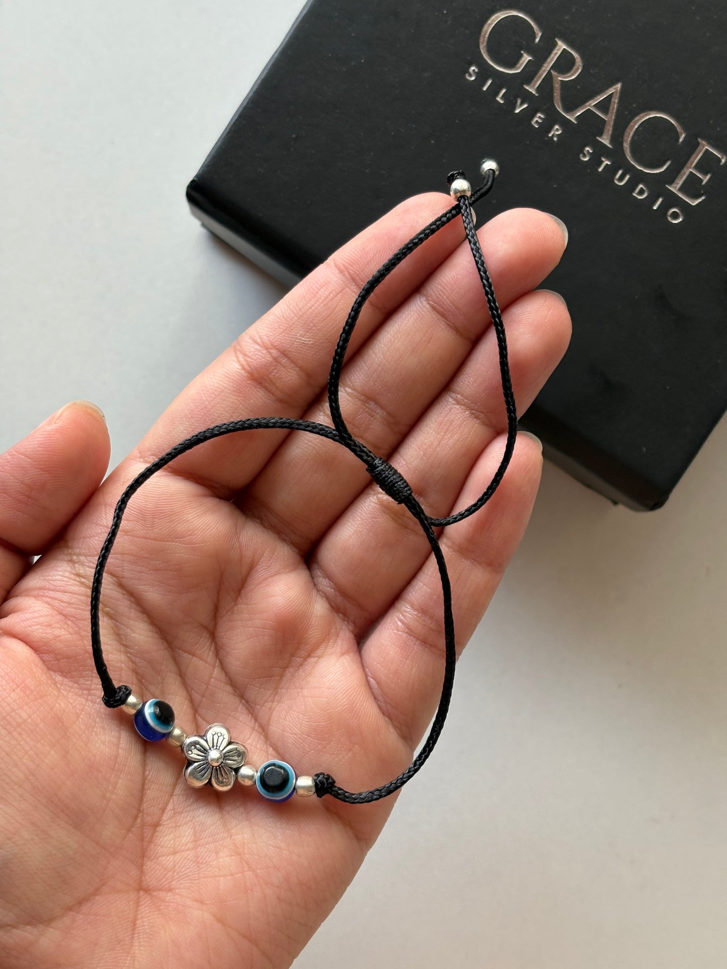 Silver Flower Evil Eye Black Thread Nazariya Anklet