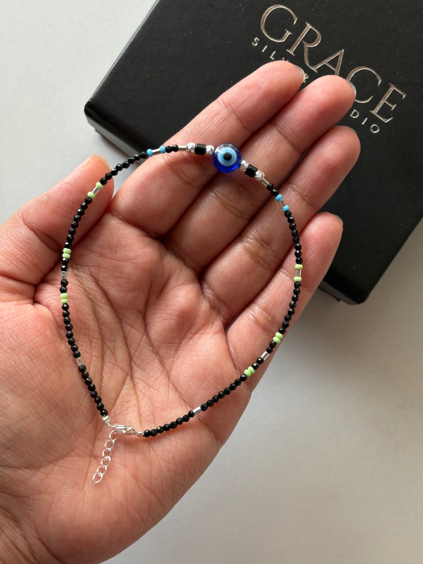 Silver Evil Eye Black & Green Bead Nazariya Anklet