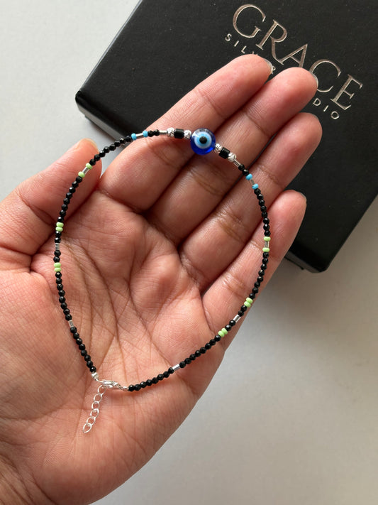 Silver Evil Eye Black & Green Bead Nazariya Anklet