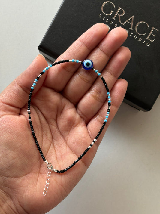 Silver Evil Eye Black & Blue Bead Nazariya Anklet