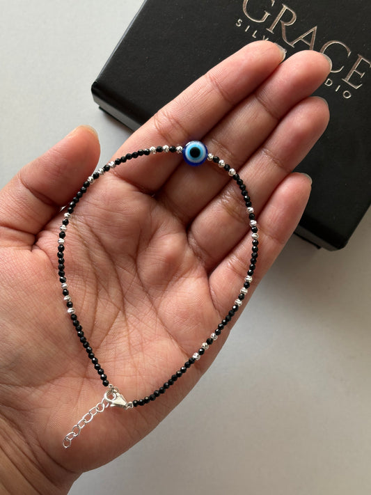 Silver Evil Eye Black Bead Nazariya Anklet