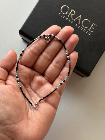 Silver Heart Charm with Swarovski Black Bead Nazariya Anklet