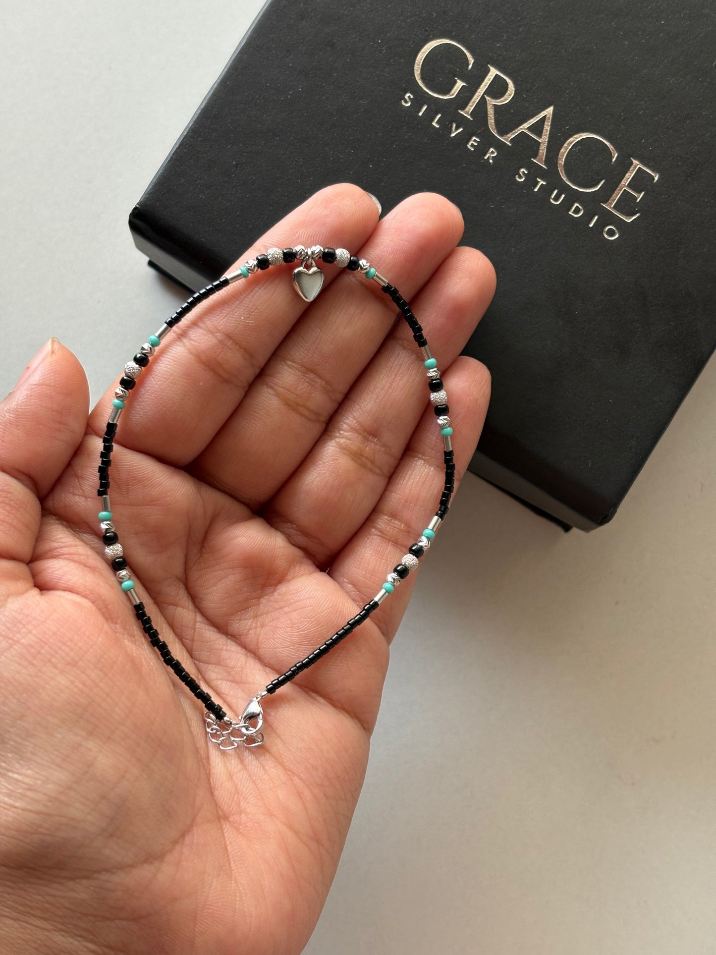 Silver Heart Charm with Swarovski Black Bead Nazariya Anklet