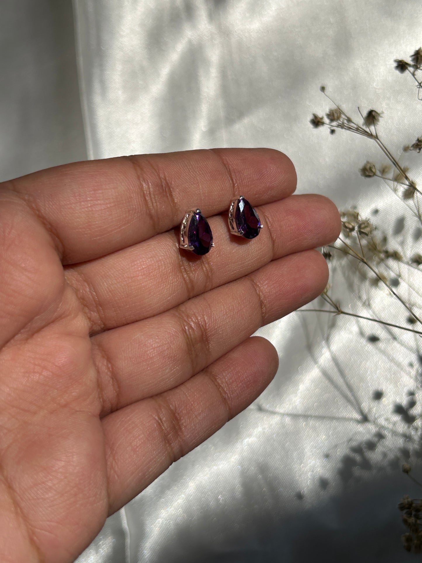 Silver Amethyst Pear Studs