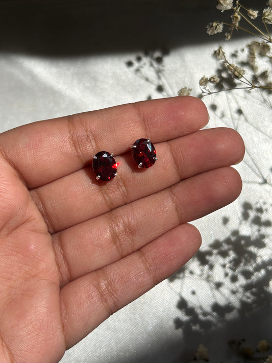 Silver Garnet Oval Studs
