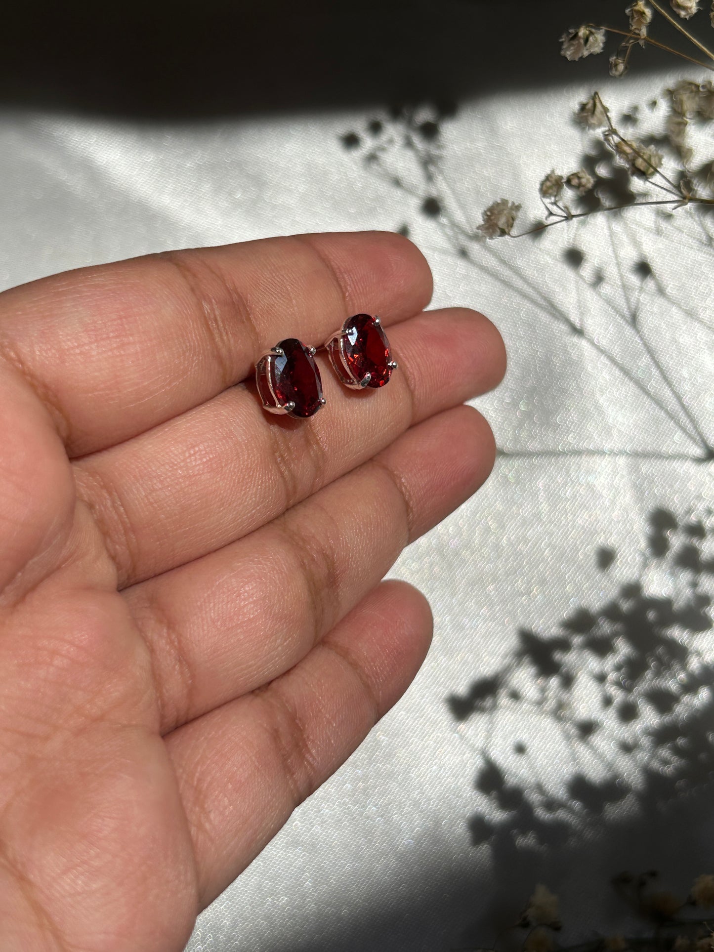 Silver Garnet Oval Studs
