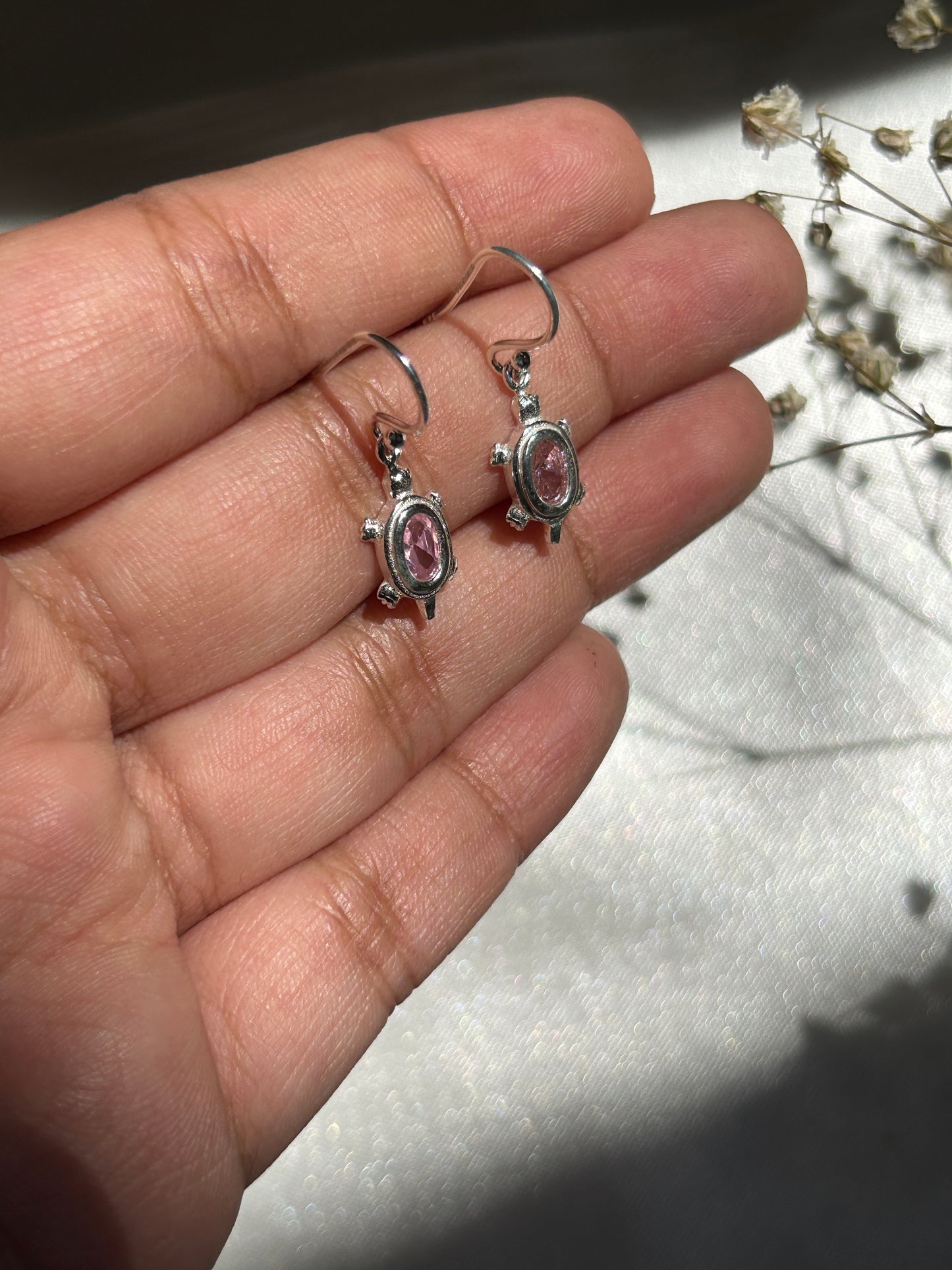 Silver Rose Quartz Tortoise Earrings