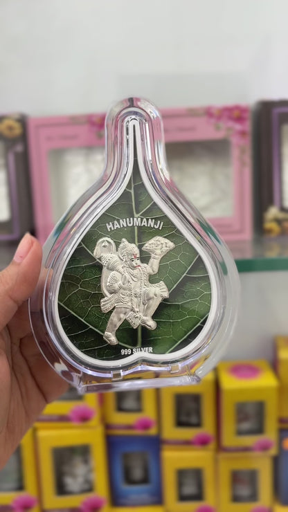 Pure Silver Hanuman Ji  Green Leaf Photo Frame | 999 Silver Hallmarked | (Medium)
