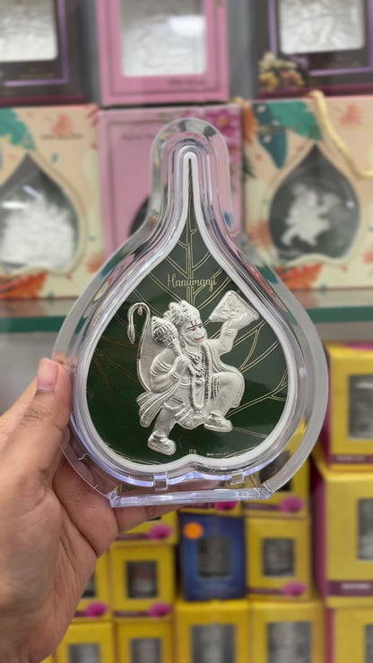 Pure Silver Hanuman Ji Green Leaf Photo Frame | 999 Silver Hallmarked | (Large)