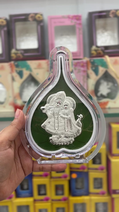 Pure Silver Radha Krishna Green Leaf Photo Frame | 999 Silver Hallmarked | (Large)