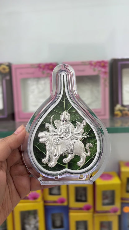 Pure Silver Durga Ma Green Leaf Photo Frame | 999 Silver Hallmarked | (Medium)