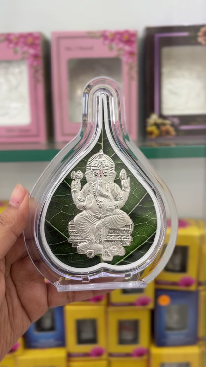 Pure Silver Ganesh Ji Green Leaf Photo Frame | 999 Silver Hallmarked | (Medium)